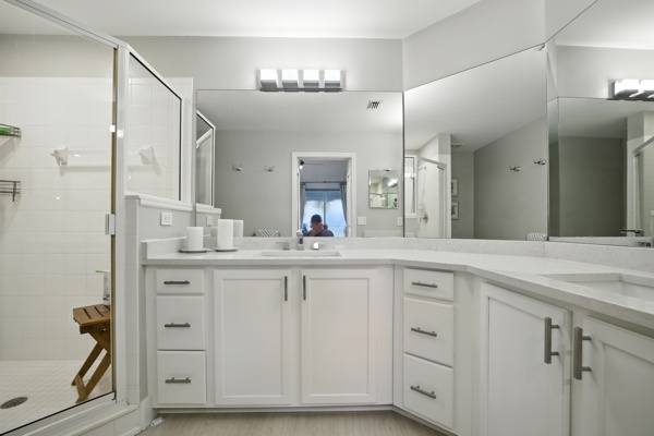 Master bathroom with walk-in shower at Pinnacle, Unit 2503 Naples FL luxury vacation rental