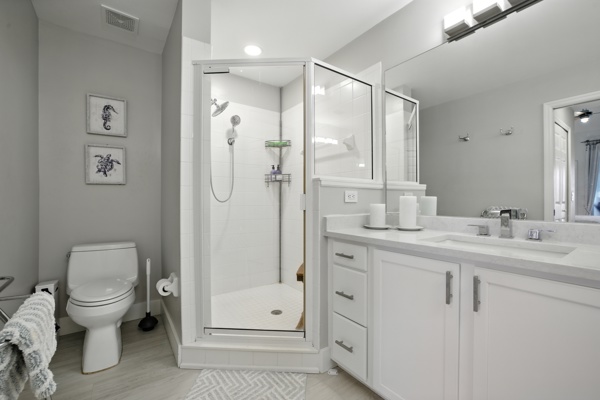 Master bathroom with walk-in shower at Pinnacle, Unit 2503 Naples FL luxury vacation rental