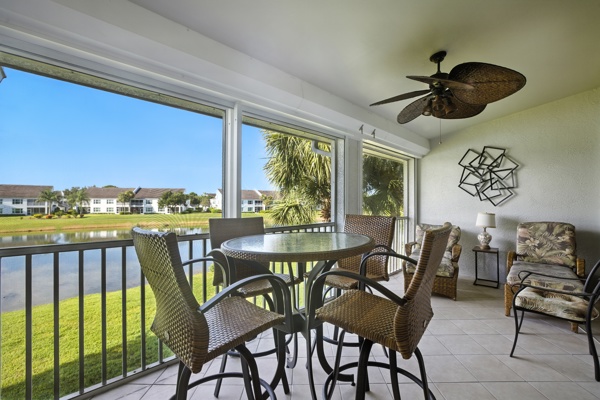 Enclosed lanai with golf course views at Pinnacle, Unit 2503 Naples FL luxury vacation rental